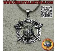 Ciondolo in Argento 925‰ elmo vichingo tra asce incrociate nel disco di rune cel