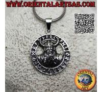 Ciondolo in Argento 925‰ mezzo busto di Odino con elmo vichingo nel disco di run