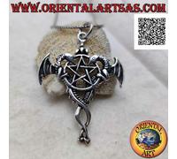 Ciondolo in Argento 925‰ pentacolo con due draghi alati aggrappati ai lati