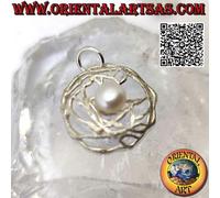 Ciondolo in argento 925‰ perla bianca d'acqua dolce in un intreccio satinato ton