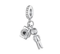 Ciondolo in argento Sterling 925 a forma di cuore con foto della macchina fotografica e scritta "I Love You", compatibile con braccialetti Pandora