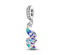 Ciondolo in argento Sterling 925 a forma di cuore smaltato, con scritta "I love you" e pavone, compatibile con braccialetti Pandora