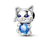 Ciondolo in argento Sterling 925 a forma di gattino con zaffiro blu, per braccialetti Pandora, con zirconia cubica, in confezione regalo