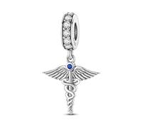 Ciondolo in argento Sterling 925 a forma di spada con ali d'angelo, medici, cadueo, infermiere, compatibile con braccialetti Pandora