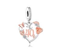 Ciondolo in argento Sterling 925 con ciondolo a forma di cuore, rosa, fiore, farfalla, per 40° compleanno, compatibile con braccialetti Pandora Moments