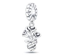 Ciondolo in argento Sterling 925 con rose e fiori di ringraziamento per mamma, compatibile con ciondoli Pandora e molti altri braccialetti con ciondoli del Regno Unito.
