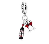Ciondolo in argento Sterling 925 per amanti del vino e della birra, con zirconia cubica, per braccialetti o collane Pandora, per Natale, San Valentino, Natale, in confezione regalo, Misura unica