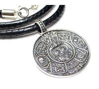 Ciondolo in argento Sterling con motivo "Maya Calendario" incluso nastro in tessuto da 55 cm, simbolo di protezione, Argento sterling