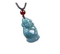 Ciondolo in giadeite blu intagliato a mano da 29,1 mm | Ciondolo con divinità della prosperità intagliata, pietra blu ghiaccio e cordoncino
