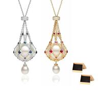 Ciondolo lavalier con perle e pietre preziose, Collana con gabbia di perle in argento sterling 925, Collane con ciondolo con perle naturali in zirconi, Collana con porta perle in rete (2 pezzi)