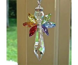 Ciondolo moderno arcobaleno con ciondolo a forma di angelo, chakra con cristalli, per specchietto retrovisore, decorazione da appendere, con sfera di cristallo, prisma, finestra, decorazione
