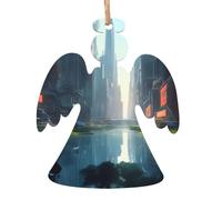 Ciondolo natalizio a forma di angelo, in legno, 6 pezzi, alla moda, con stampa della città sull'acqua, decorazione per albero, porte, finestre, tavolo