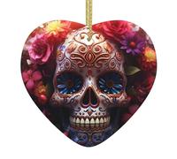 Ciondolo natalizio a forma di cuore in ceramica WHJSSF Sugar Horror Skull e fiori stampa liscia e luminosa per albero di Natale topo decorazione casa e supermercato