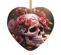 Ciondolo natalizio a forma di cuore in ceramica WHJSSF Sugar Horror teschio fiori stampa rosa liscio e luminoso per albero di Natale topo decorazione casa e supermercato