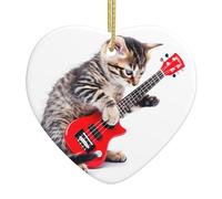 Ciondolo natalizio a forma di cuore in ceramica YYHWHJDE Cat che suona la chitarra, liscio e luminoso, per albero di Natale, decorazione per la casa e il supermercato