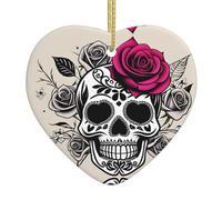Ciondolo natalizio a forma di cuore in ceramica YYHWHJDE Sugar Horror teschio fiori rosa immagine liscia e luminosa per albero di Natale topo decorazione casa e supermercato