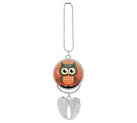 Ciondolo per auto a forma di gufo su sfondo arancione, ornamento da appendere allo specchietto retrovisore, decorazione per auto per specchietto retrovisore, portachiavi in stile argento
