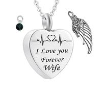 Ciondolo per Cenere con Catena, Cuore con Ala d'Angelo Birthstone e Incisione ECG I Love You Forever Wife Necklace Urns Collana in Acciaio Inossidabile per Cenere