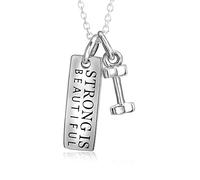 Ciondolo per collana con manubrio e targhetta, con scritta in lingua inglese "Strong is Beautiful"; in argento Sterling