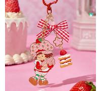 Ciondolo portachiavi in lega di zinco alla moda e dolce, a forma di torta di fragole con fiocco a scacchi, idea regalo commemorativa, anello portachiavi dorato Tagli UnicaAnimaleLega di zinco