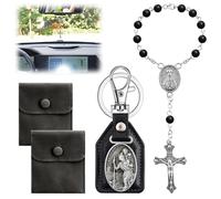 Ciondolo Rosario per Auto Specchietto Retrovisore con portachiavi di San Cristoforo Sacchetto Regalo in Velluto Regalo per Automobilista Rosario da Preghiera Talismano per Macchina Specch (nero)