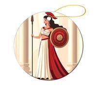 Ciondolo rotondo da appendere all'albero di Natale di Atena con saggezza e guerra antica in ceramica, ornamenti natalizi per la casa, decorazione per feste, 2 pezzi