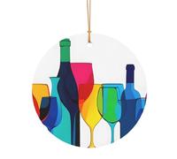 Ciondolo rotondo in alluminio per albero di Natale, bicchieri da cocktail e bottiglie di vino, ciondoli stampati, etichette per le vacanze, ornamenti in 2 misure: 7,9 cm/9,9 cm