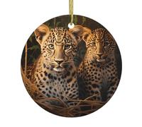 Ciondolo rotondo in ceramica con due fratelli leopardati - Ornamento da appendere all'albero di Natale e al caminetto