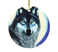 Ciondolo rotondo in ceramica con motivo lupo sotto la luna, ornamento da appendere all'albero di Natale e al caminetto