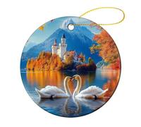 Ciondolo rotondo in ceramica da appendere all'albero di Natale con paesaggio del lago dei cigni, decorazione per feste domestiche, 1 pezzo