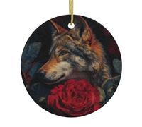 Ciondolo rotondo in ceramica di Natale VVXBHGR Wolf tra le rose rosse stampe albero di Natale decorazione da appendere