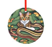 Ciondolo rotondo in vetro con stampa della storia del serpente e del gatto, elegante ornamento da appendere all'albero di Natale, per vacanze, casa, ufficio, Natale