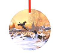 Ciondolo rotondo in vetro con stampa di fagiano che cattura il cane, ornamento da appendere all'albero di Natale, per vacanze, casa, ufficio, Natale, Pasqua