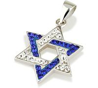 Ciondolo stella di David con pietra preziosa bianca e blu e collana in argent...