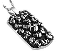 Ciondolo Uomo Biker Acciaio Massiccio Placca Teste Da Morti + 1 Catena Nuovo