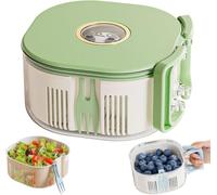 Ciotola centrifuga 3 in 1 per il lavaggio della frutta con forchetta per frutta integrata, design a doppio strato con colino, contenitore per la conservazione in frigorifero con manico ，Verde