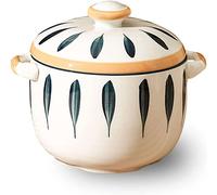 ciotola di ceramica, ciotola di zuppa, Ciotola for zuppa di cipolle con manici e coperchio, ciotola in ceramica da 500 ml, adatta al microonde e al forno, 13,5x11x11,8 cm, blu(White and Yellow1)