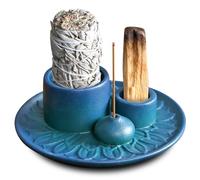 Ciotola di incenso 4 in 1, supporto per bastoncini di incenso, in ceramica, per ogni incenso, bastoncini di incenso, salvia bianca, con pinzette, cuscinetto di flanella, spazzola