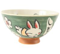 Ciotola di riso verde Happy Rabbit in ceramica giapponese Mino ware...