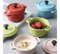 Ciotola for la colazione in ceramica, ramekins con coperchio, adatta al forno, crème brûlée, mini casseruola, soufflé, coperchio e manico for zuppa di cipolle, 220 ml(Red)