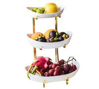 Ciotola per Frutta in Ceramica, Grande capacità Cesto per Frutta a 3 Piani con Metallo Supporto per Frutta, Verdura, Pane e Altri Alimenti,Bianca,3 Tier