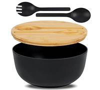Ciotola per insalata, nera, in bambù con coperchio in legno, coperchio e posate, può essere riutilizzata, 3,7 l, grande ciotola da portata con forchetta, cucchiaio per cereali, insalata e verdure