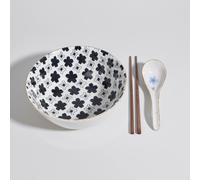 Ciotola per ramen in ceramica bianca e marrone con motivi neri