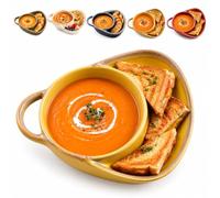 Ciotola per Zuppa con Piatto per Pane in Ceramica，Giallo | Scomparto laterale integrato per crostini, toast, panini e biscotti, ideale per colazione, pranzo e cena.
