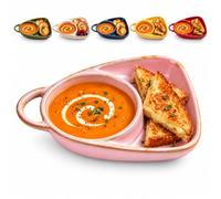 Ciotola per Zuppa con Piatto per Pane in Ceramica，Rosa | Scomparto laterale integrato per crostini, toast, panini e biscotti, ideale per colazione, pranzo e cena.
