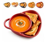 Ciotola per Zuppa con Piatto per Pane in Ceramica，Rosso | Scomparto laterale integrato per crostini, toast, panini e biscotti, ideale per colazione, pranzo e cena.