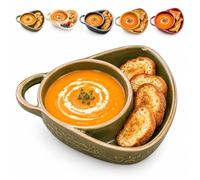Ciotola per Zuppa con Piatto per Pane in Ceramica，Verde Oliva | Scomparto laterale integrato per crostini, toast, panini e biscotti, ideale per colazione, pranzo e cena.