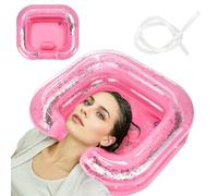Ciotola portatile per shampoo gonfiabile, con cuscino e tubo di scarico, per capelli costretti a letto, disabili, feriti, ricci, spessi, dreadlocks, rosa