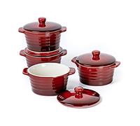 Ciotole con Coperchio e Mini Stampi in Ceramica, Pirottini per Soufflé 250 ml, Mini Casseruola da forno, Ramekin Set da 4 pezzi - 250 ml, Rosso