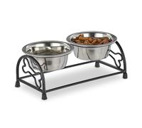 Relaxdays Ciotole per Cani Rialzate, Accessori Animali, 2 Scodelle Porta Crocchette da 300 ml Ognuna, Nero Argento, Acciaio Inox